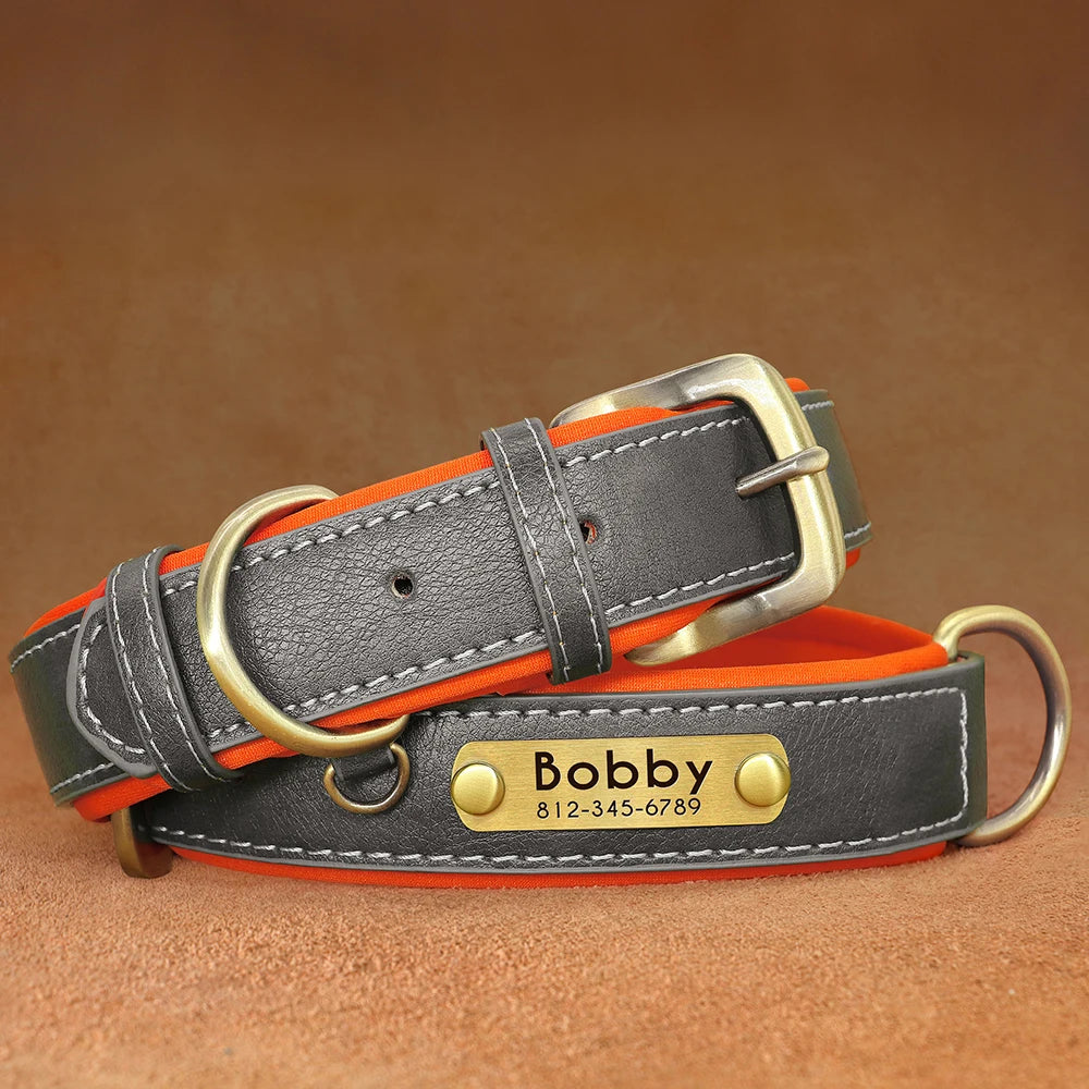 Collier personnalisé en cuir gris pour chien avec gravure laiton prénom et numéro