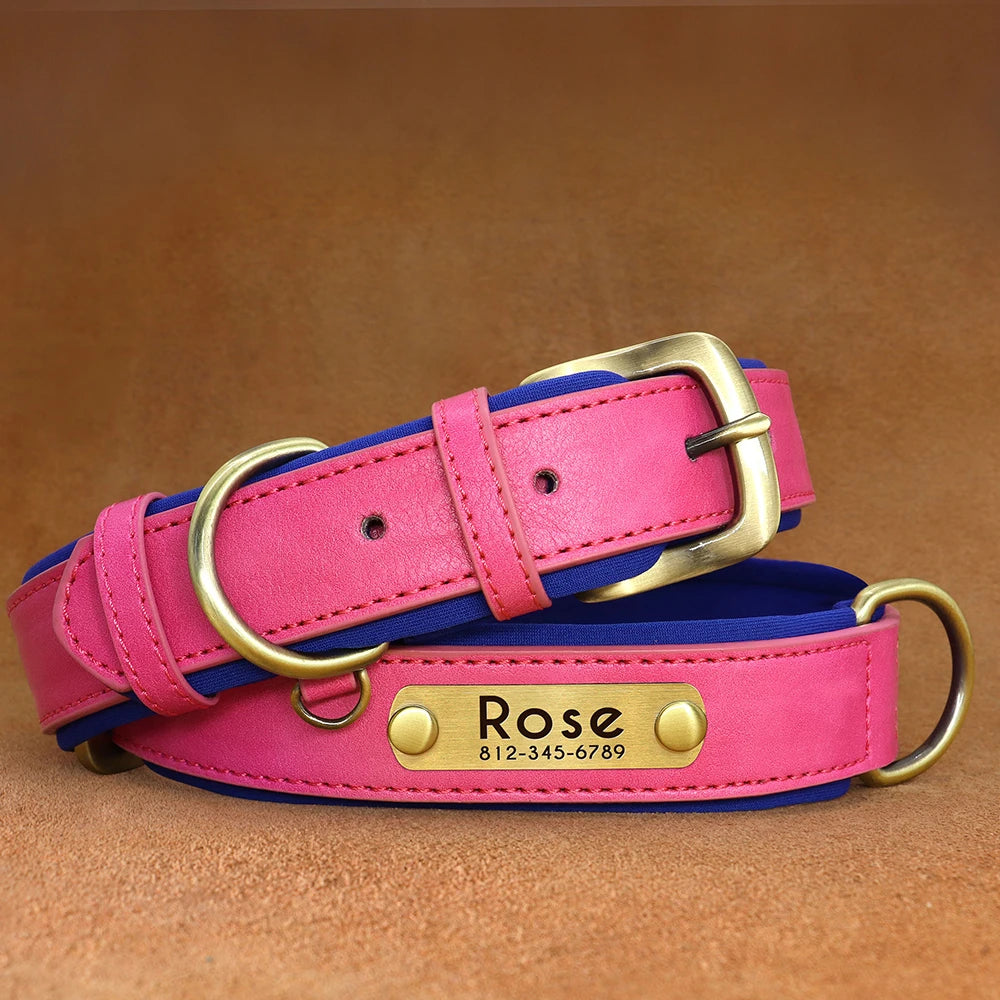 Collier personnalisé en cuir rose pour chien avec gravure laiton prénom et numéro